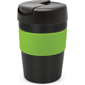 A drink bottle featuring a black body with a green silicone grip and a black lid, designed for a capacity of 340ml.
