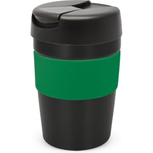 A drink bottle featuring a black body with a green silicone grip and a black lid, complete with a logo.