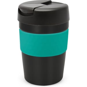 A drink bottle with a black lid, black base, and a teal band around the middle. It has a logo on the side.