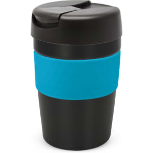 A drink bottle in black with a turquoise sleeve, featuring a black lid and a stylish design.