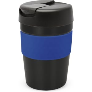A drink bottle with a black body and a blue silicone band, featuring a black lid. It has a logo on the surface.