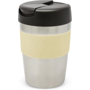 A drink bottle featuring a stainless steel body, cream silicone grip, and a black lid. It has a logo on the side.