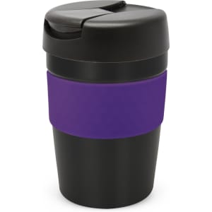 A drink bottle with a black lid and base, featuring a purple silicone band around the middle. It has a logo on it.