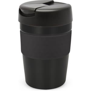 A drink bottle with a black lid and a textured grip band, featuring a sleek design. The capacity is 340ml.