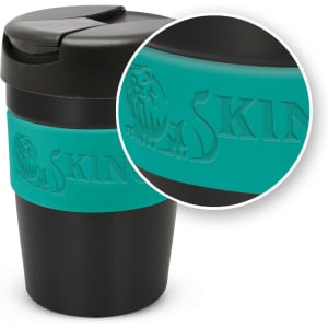 A drink bottle featuring a black design with a teal silicone band and an embossed logo.