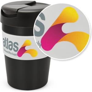 A drink bottle in black with a lid and a circular band featuring a vibrant orange and pink logo.