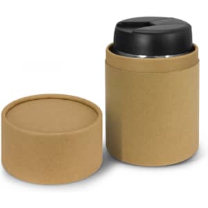 A drink bottle with a black lid, presented in a brown cardboard sleeve and matching lid.
