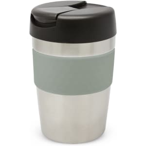 A drink bottle with a stainless steel body, grey silicone band, and a black lid. It features a logo on the side.