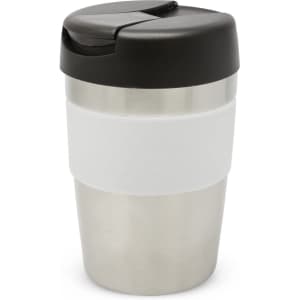 A drink bottle with a stainless steel body, white silicone band, and a black lid. It features a logo on the front.