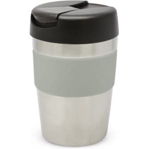 A drink bottle with a stainless steel body, grey silicone grip, and black lid. It has a logo on the side.