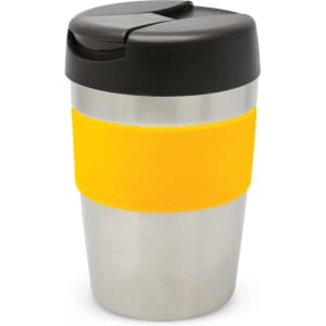 A drink bottle featuring a stainless steel body with a black lid and a yellow silicone band.