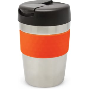 A drink bottle with a stainless steel body, an orange silicone sleeve, and a black lid. The capacity is 340ml.