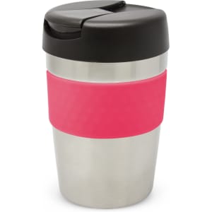 A drink bottle featuring a stainless steel body with a pink silicone band and a black flip-top lid.