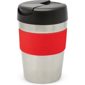 A drink bottle featuring a stainless steel body, black lid, and red silicone band. Contains a logo.