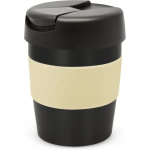 A drink bottle featuring a black body with a cream band and a black lid, including a logo.