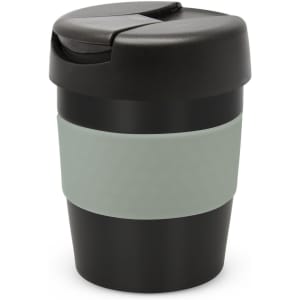 A drink bottle in black with a light green band, featuring a lid for easy sipping. It has a branding logo on the side.