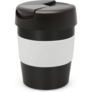 A drink bottle featuring a black body with a white band and a black lid, designed as a vacuum cup.