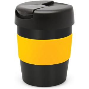 A drink bottle featuring a black body with a yellow silicone band and a secure lid. It has a branding logo.
