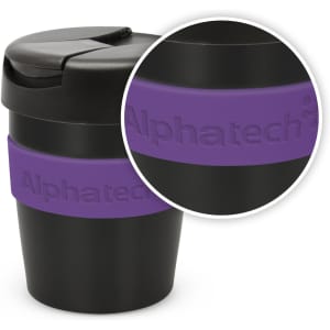 A drink bottle in black with a purple silicone grip, featuring a lid and branding on the side.