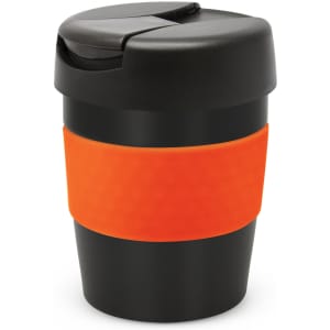 A drink bottle featuring a black body and an orange silicone sleeve, complete with a black lid and a branding logo.