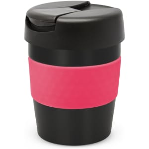 A drink bottle featuring a black body with a pink silicone grip and a black lid, complete with a logo.
