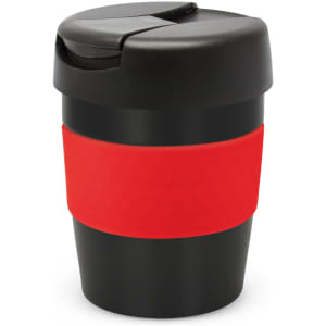 A drink bottle with a black body, red silicone band, and a black lid. It has a logo on the surface.