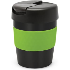 A drink bottle in black with a green silicone band and a secure lid, featuring a logo.