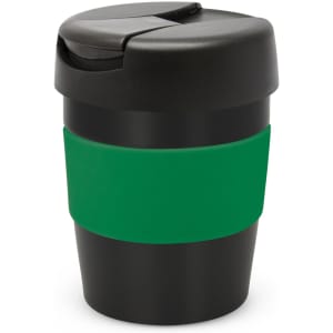 A drink bottle in black with a green silicone grip and a black lid, featuring a branded logo.