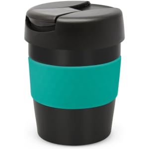 A drink bottle with a black body and a teal silicone band, featuring a black lid. It has a branding logo.