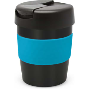 A drink bottle in black with a blue silicone grip, featuring a secured lid and a sleek design.