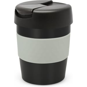 A drink bottle featuring a black and grey design, with a secure lid and a silicone grip. It has a logo on the surface.