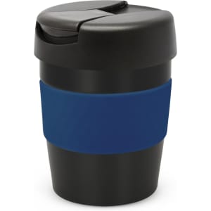 A drink bottle featuring a black body with a blue silicone sleeve and a secure lid, designed for easy transport.