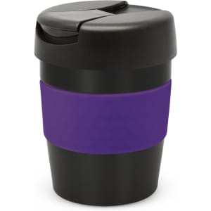 A drink bottle with a black body and a purple silicone band, featuring a secure lid. It includes a logo.