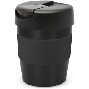 A drink bottle in black with a secure lid and textured grip band, featuring a logo. Holds 230ml.