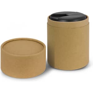 A drink bottle in a cylindrical cardboard holder, featuring a black lid, presented on a white background.