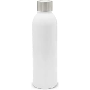 A drink bottle in white with a stainless steel cap and a simple design, featuring a logo.