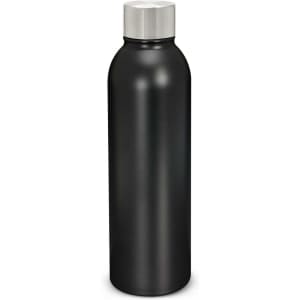 A drink bottle featuring a sleek black design with a stainless steel cap, designed to keep beverages insulated.