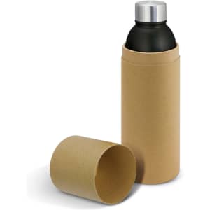 A drink bottle in black with a silver lid, packaged in a brown cardboard tube. It features a logo.
