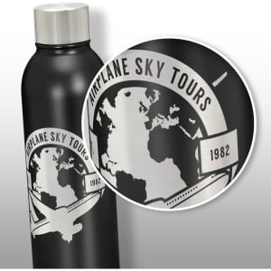 A drink bottle in matte black featuring a silver globe design and a logo. It has a stainless steel cap.