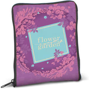 A zipped pouch featuring a vibrant purple design with floral patterns and a central blue square. It has a logo.
