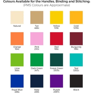 A colour chart displaying various options for handles, binding, and stitching, including natural, gold, and burgundy.
