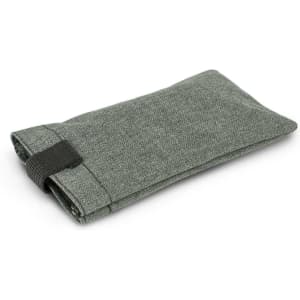 A grey fabric sunglass pouch with a black strap for closure, featuring a logo on the front.