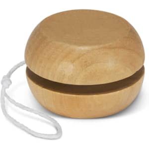 A wooden yoyo with a smooth finish and a string attached.