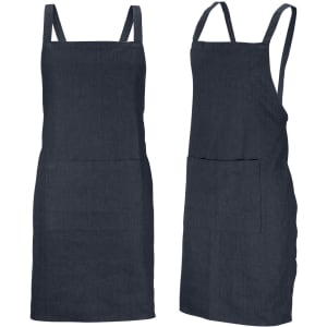 A dark blue denim bib apron with a front pocket and adjustable straps featured from two angles.