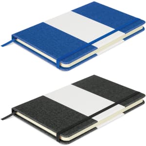 A notebook featuring a blue and white cover on top, and a black and white cover below, with branding visible.