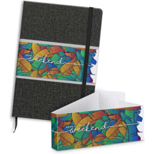 A black notebook featuring a colourful patterned sleeve. The notebook includes an elastic strap and ribbon bookmark.