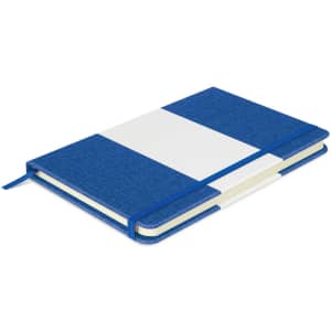 A blue notebook with a white section, featuring a ribbon bookmark and an elastic band. It has a logo on the cover.