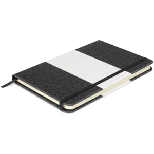 A notebook with a black textured cover featuring a white stripe, secured with an elastic band.