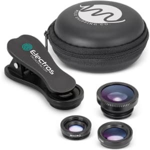 A black 3-in-1 lens kit with a clip, three lenses, and a round case. Lenses include macro and wide options.