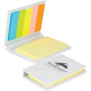 A sticky note pad with pastel-coloured notes in green, blue, orange, pink, and yellow, featuring a logo on the cover.